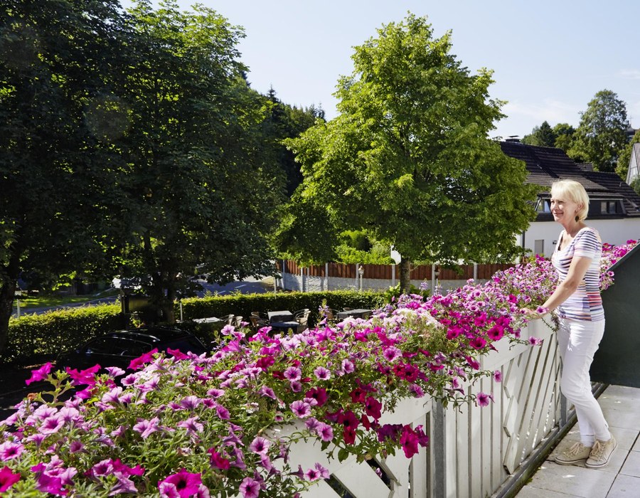 Balkon am Haus Dumicketal mit bunten Blumen und Blick ins Grüne