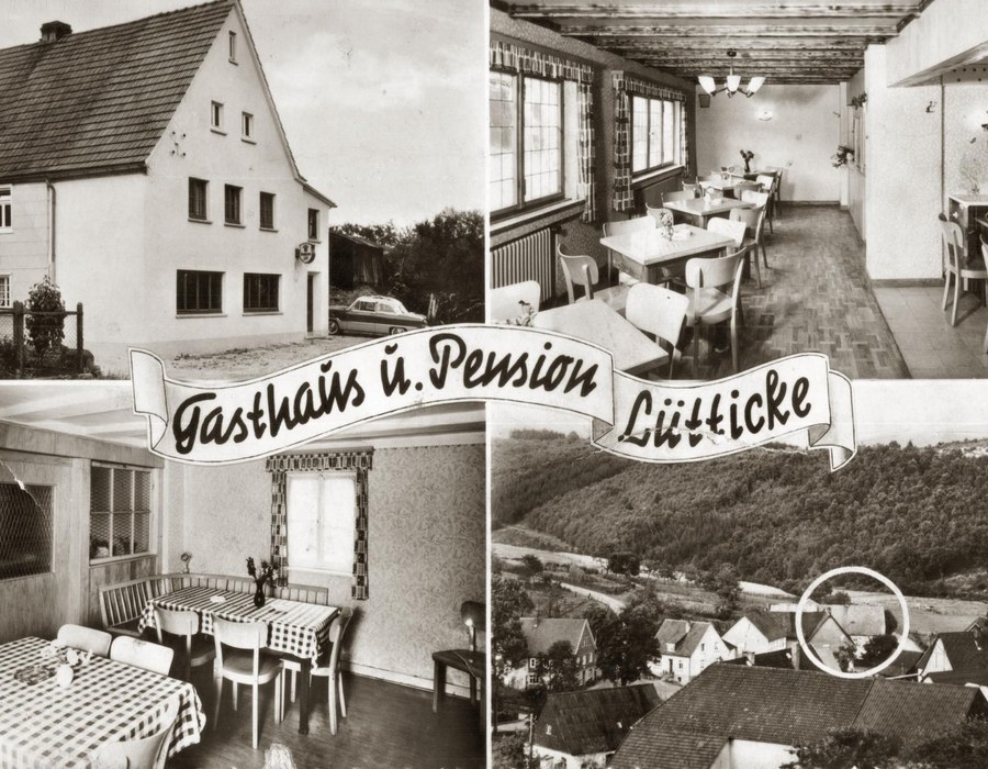 Historie Gasthof Lütticke Sauerland Historische Ansicht des Gasthauses und der Pension Lütticke mit mehreren Aufnahmen