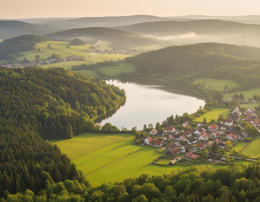Luftaufnahme einer Sauerländer Landschaft mit See, Wäldern, Wiesen und einem Dorf